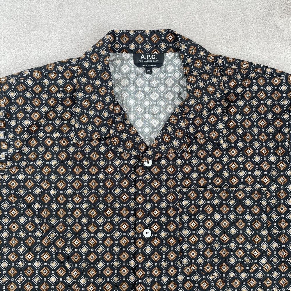 A.P.C. Lloyd Vacation Shirt Men Men‎ 2XL Black Geometric Camp Loop Collar NWOT